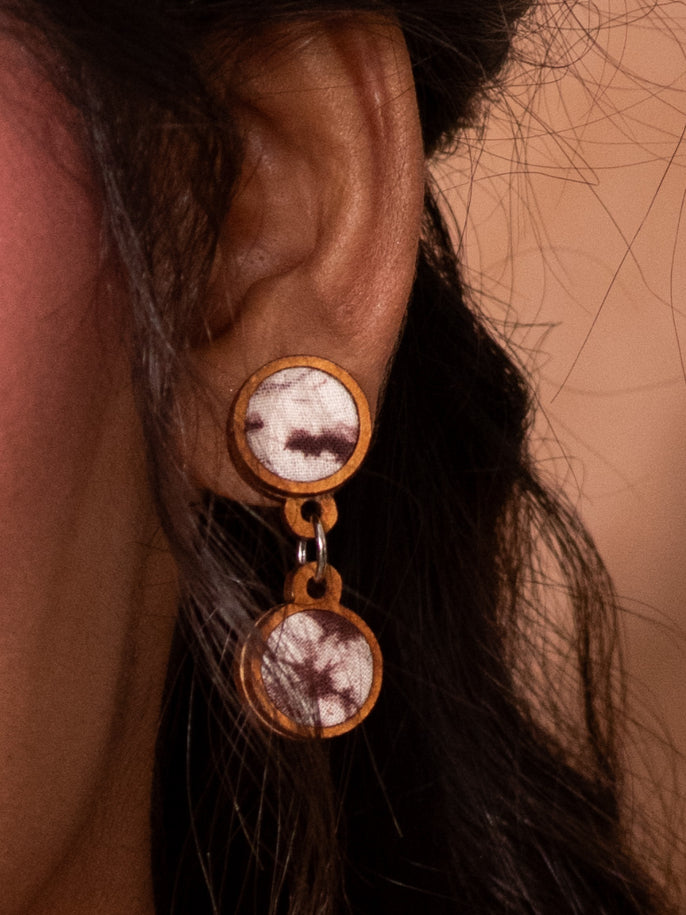 WHE Handcrafted Brown Tie and Dye Repurposed Wood and Fabric Earrings