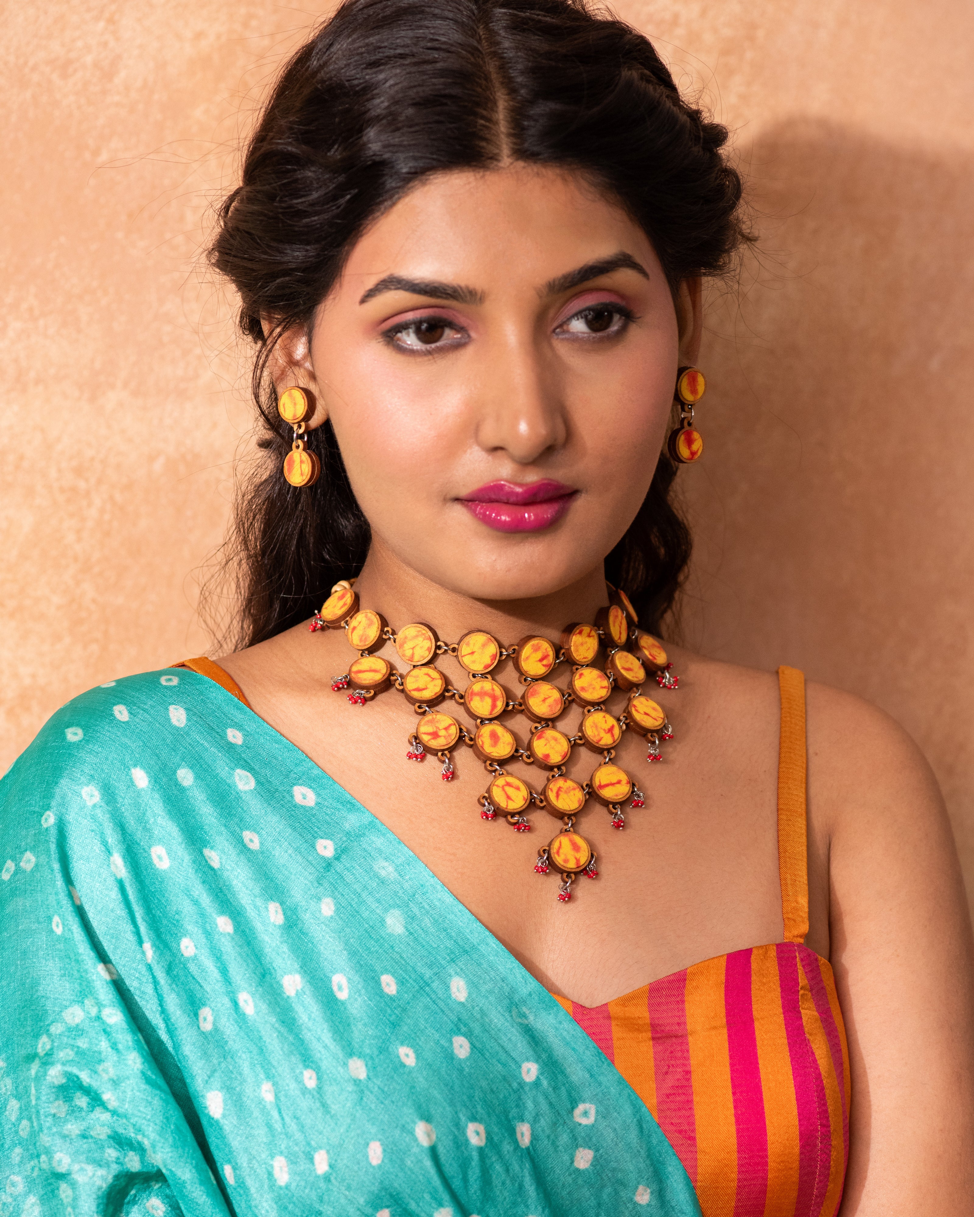 WHE Handcrafted Yellow Orange Tie and Dye Repurposed Wood and Fabric Earrings