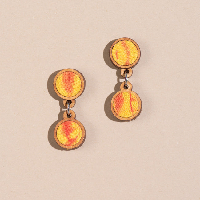 WHE Handcrafted Yellow Orange Tie and Dye Repurposed Wood and Fabric Earrings