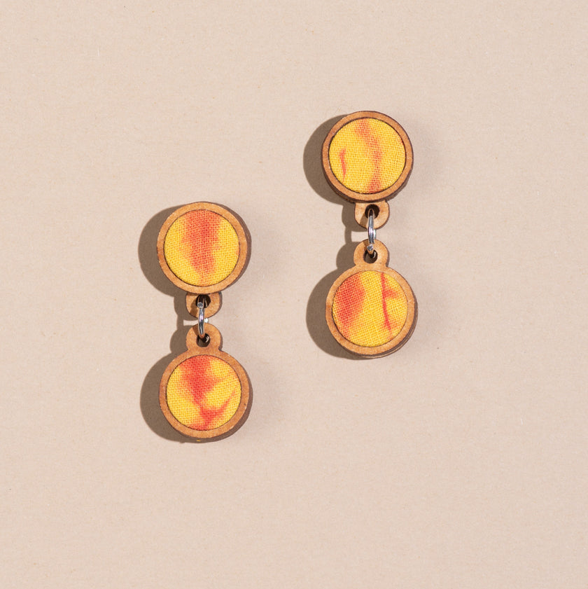 WHE Handcrafted Yellow Orange Tie and Dye Repurposed Wood and Fabric Earrings