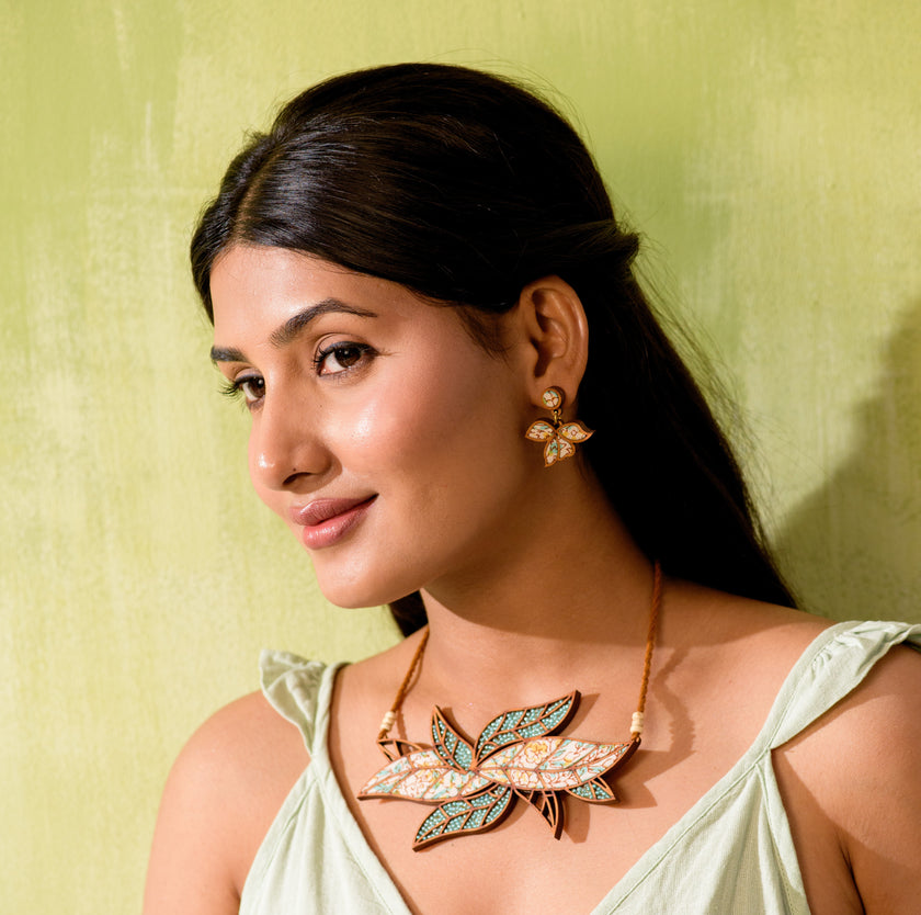 WHE Turquoise White Bloom Repurposed Fabric and Wood Leaf Earring