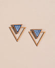 WHE Hand Painted Blue Two Look in One Repurposed Fabric and Wood Triangle Earring
