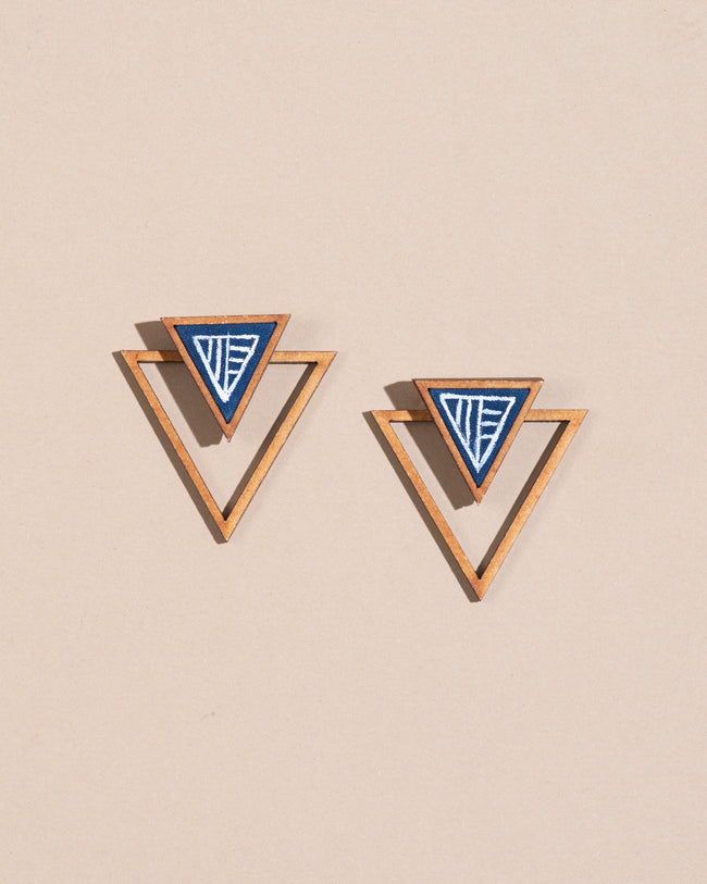 WHE Hand Painted Blue Two Look in One Repurposed Fabric and Wood Triangle Earring