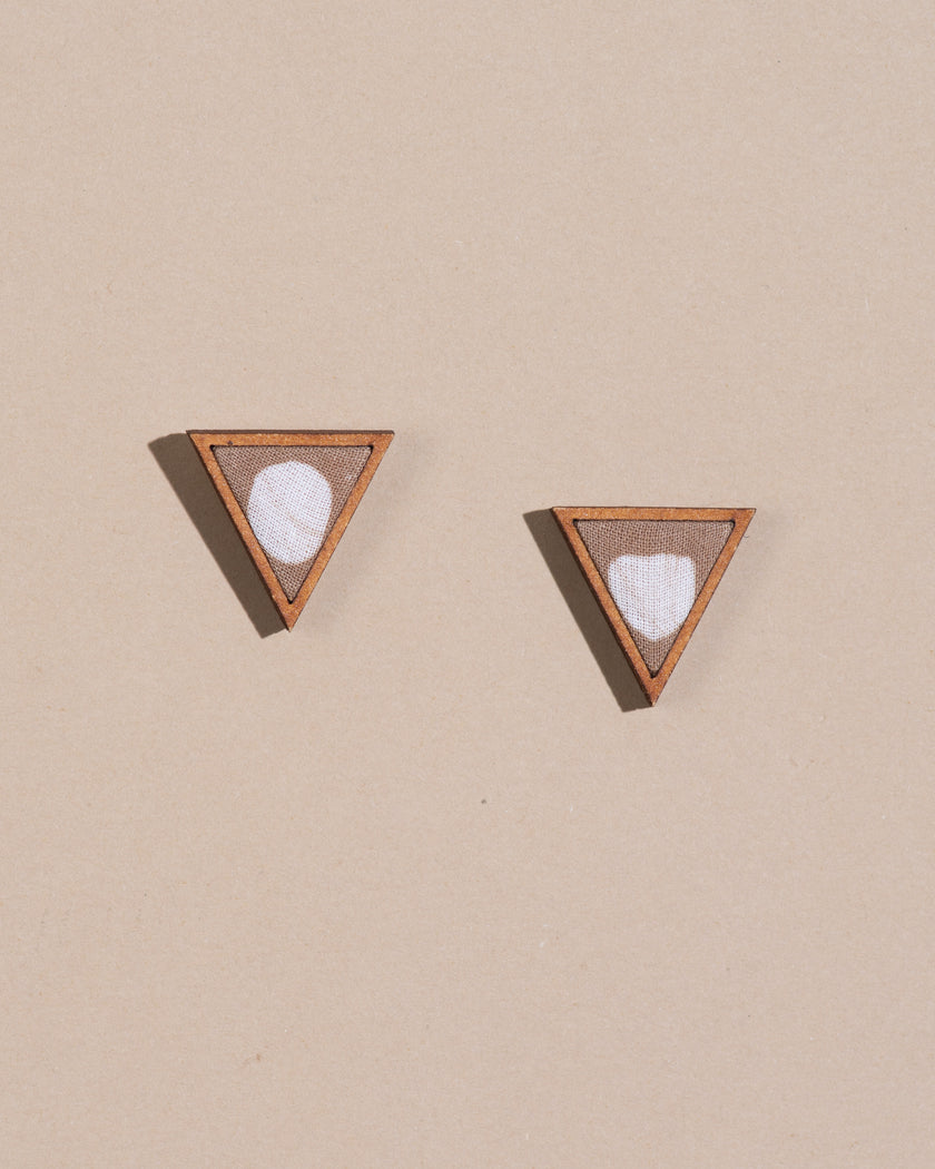 WHE Beige Two Look in One Repurposed Fabric and Wood Triangle Earring
