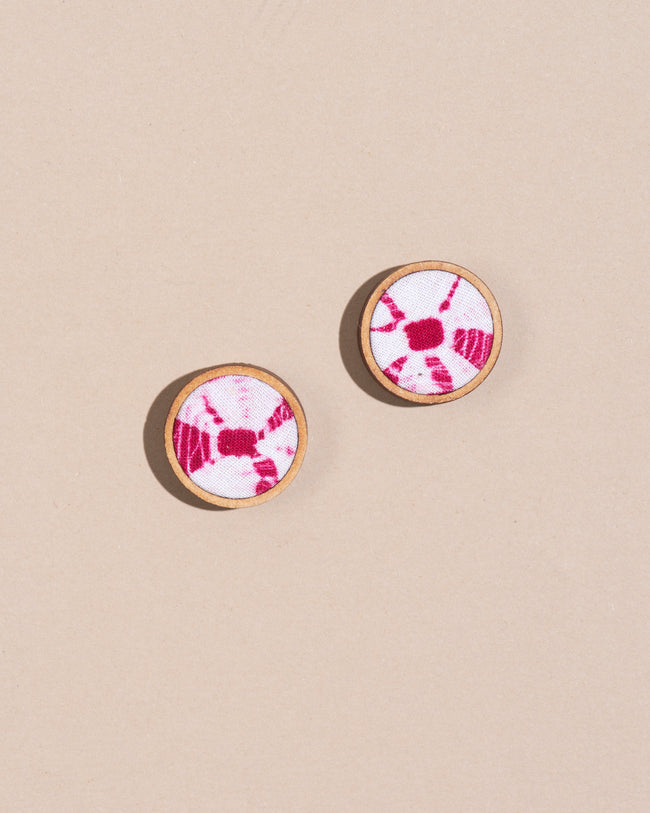 WHE Handmade Pink Tie and Dye Repurposed Fabric and Wood Stud Earrings