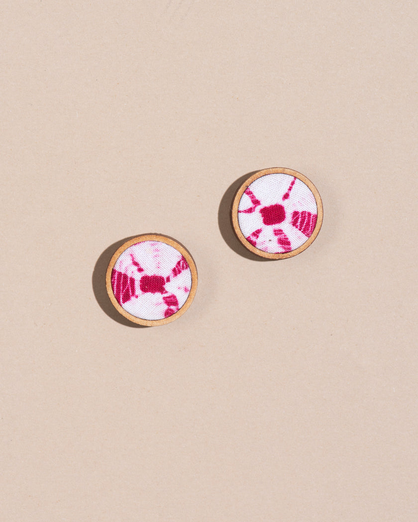 WHE Handmade Pink Tie and Dye Repurposed Fabric and Wood Stud Earrings
