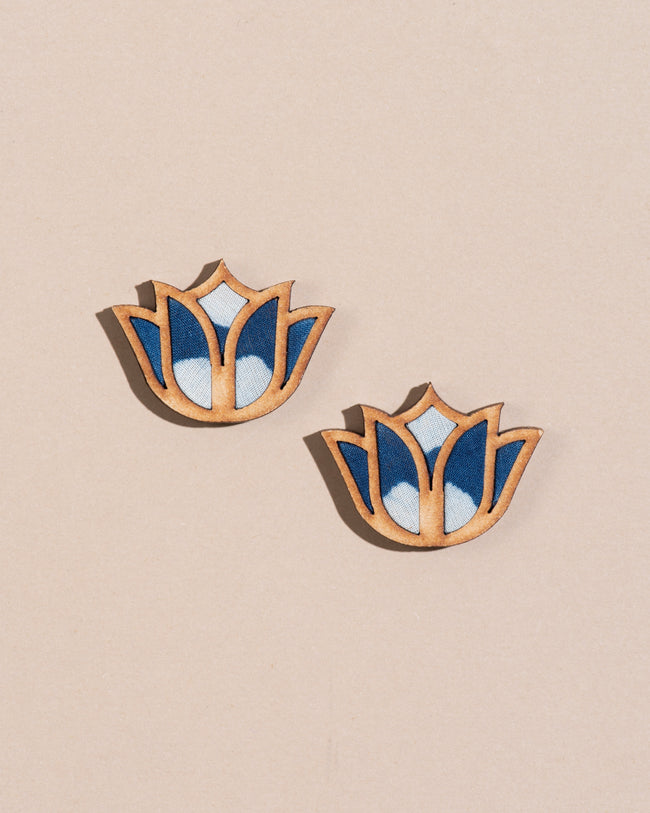 WHE Indigo Bloom Lotus Repurposed Fabric and Wood Earrings