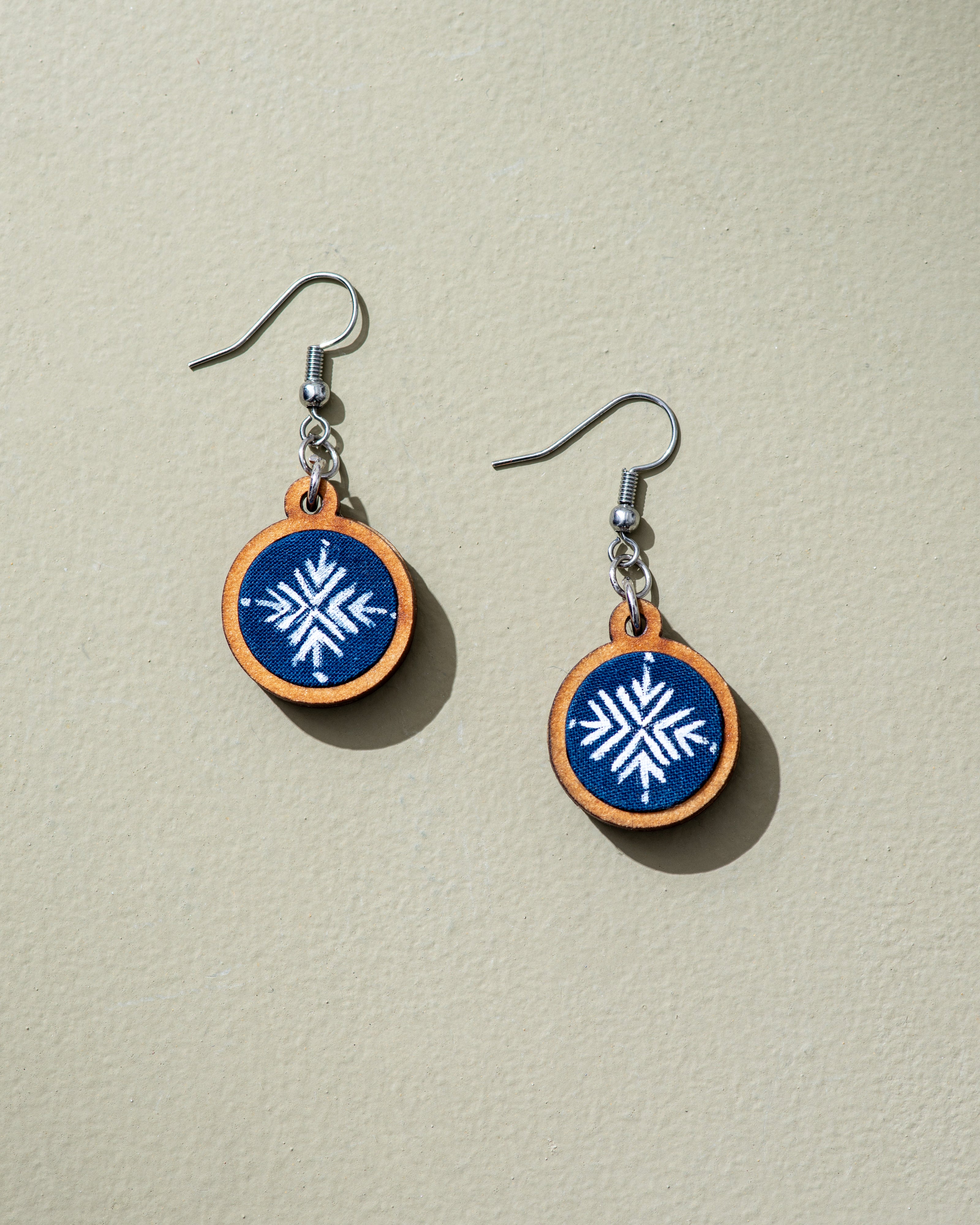 WHE Hand Painted Blue and White Repurposed Fabric Wooden Earrings
