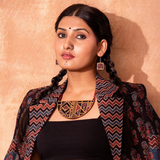 WHE Black Repurposed Ajrakh Fabric and Repurposed Wood Earrings