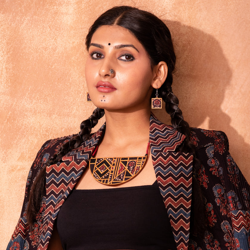 WHE Black Repurposed Ajrakh Fabric and Repurposed Wood Earrings