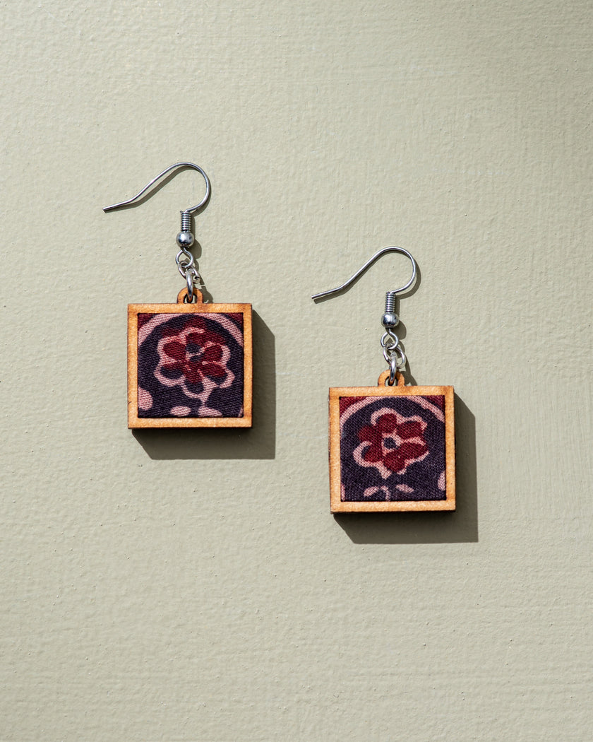 WHE Black Repurposed Ajrakh Fabric and Repurposed Wood Earrings