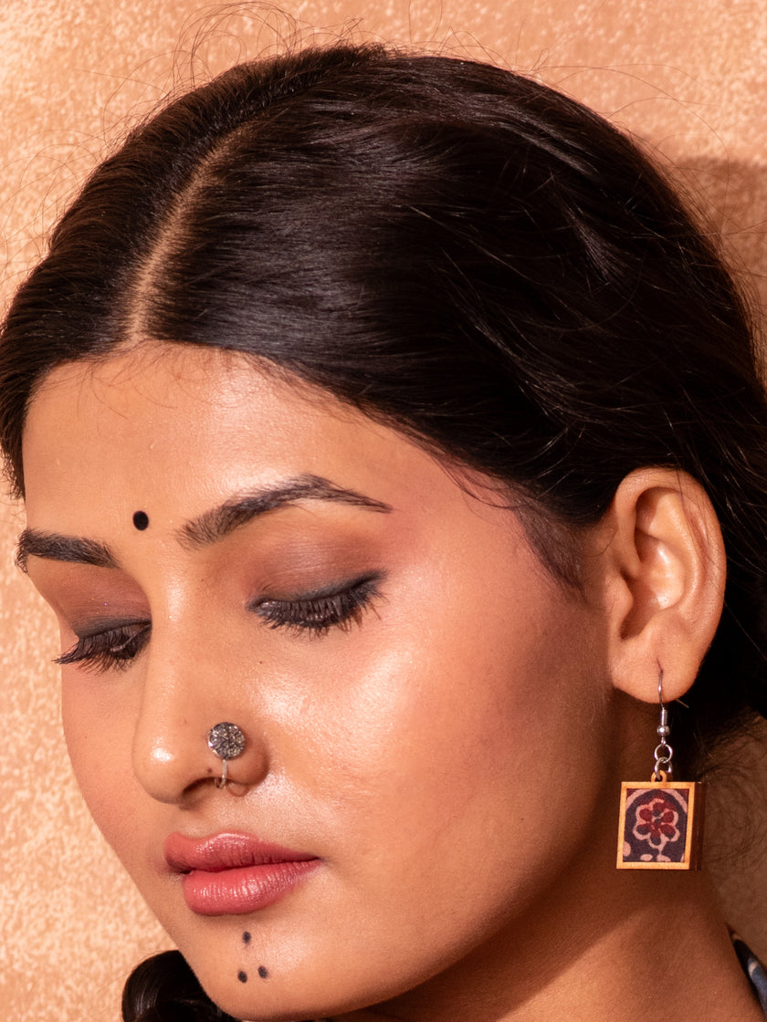 WHE Black Repurposed Ajrakh Fabric and Repurposed Wood Earrings