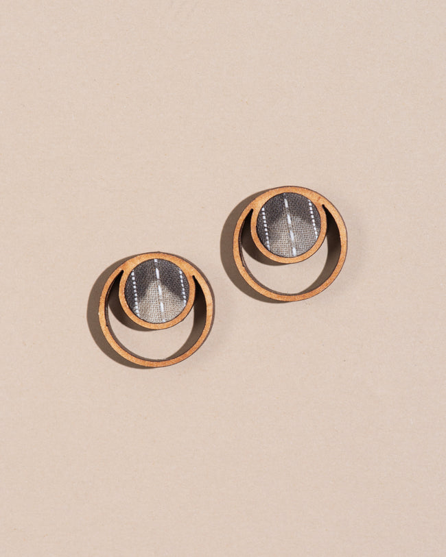 WHE Grey Batik Fabric and Repurposed Wood Stud Earrings