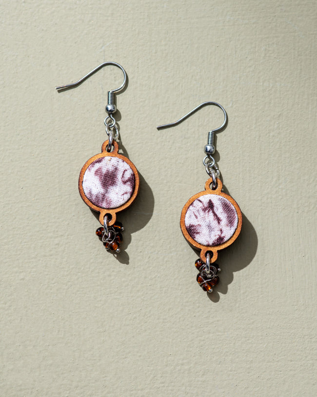 WHE Handmade Brown Tie and Dye Repurposed Fabric and Wood Danglers