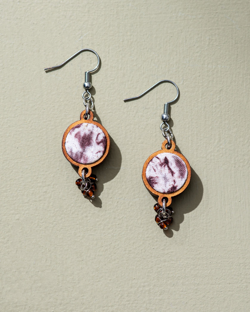 WHE Handmade Brown Tie and Dye Repurposed Fabric and Wood Danglers