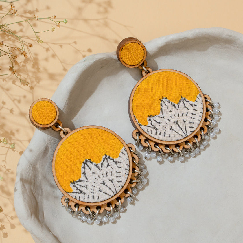 WHE Yellow Fabric and Repurposed Wood Round Danglers