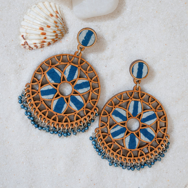 WHE Indigo Blue Wheel Repurposed Fabric and Wood Earrings