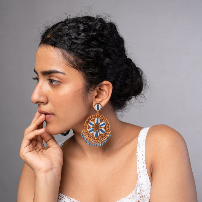 WHE Indigo Blue Wheel Repurposed Fabric and Wood Earrings