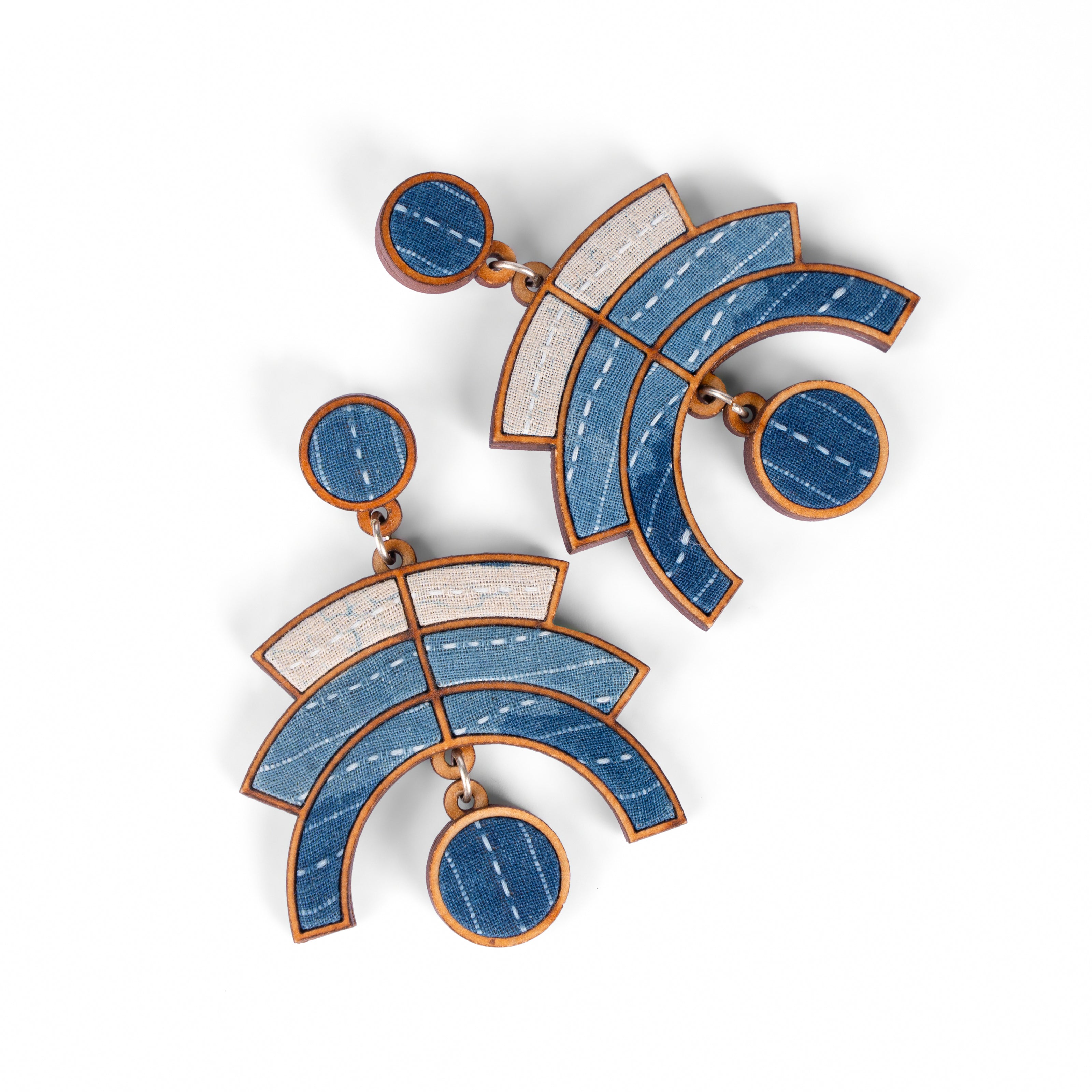 WHE Shade of Indigo Blue Arch Repurposed Fabric and Wood Earrings