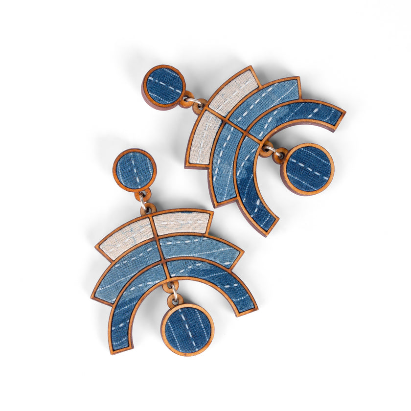 WHE Shade of Indigo Blue Arch Repurposed Fabric and Wood Earrings