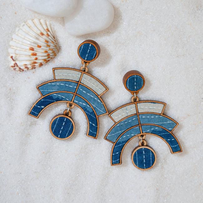 WHE Shade of Indigo Blue Arch Repurposed Fabric and Wood Earrings