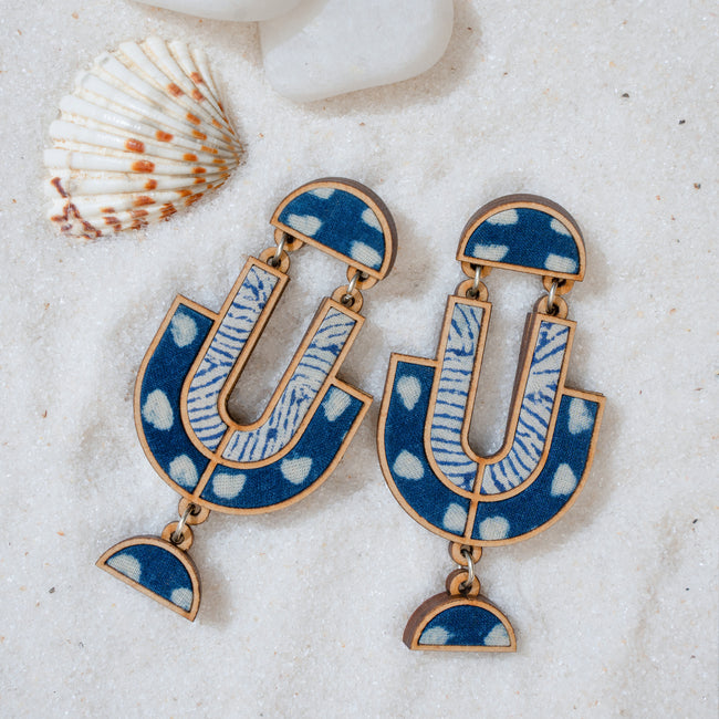 WHE Indigo Blue Repurposed Fabric and Wood Statement Earrings