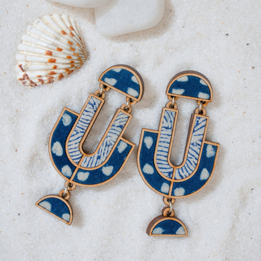 WHE Indigo Blue Repurposed Fabric and Wood Statement Earrings
