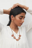 WHE Red Bloom Lotus Repurposed Fabric and Wood Necklace