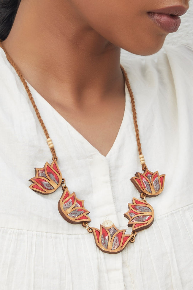 WHE Red Bloom Lotus Repurposed Fabric and Wood Necklace