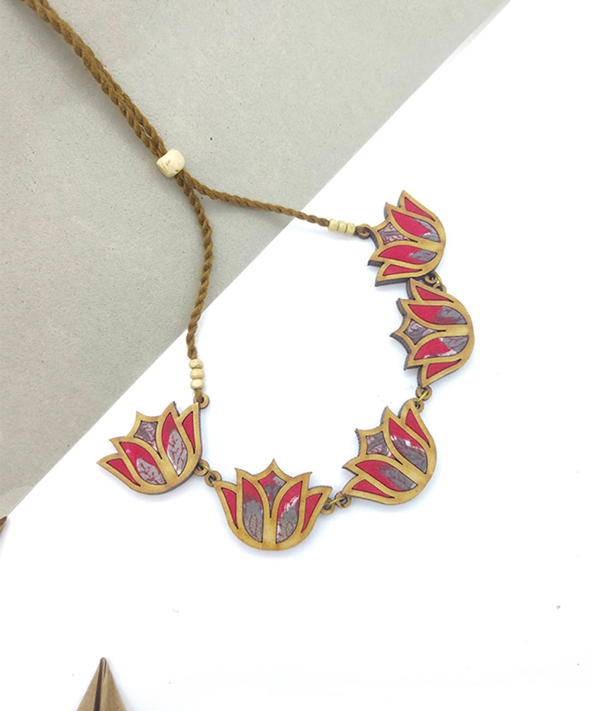WHE Red Bloom Lotus Repurposed Fabric and Wood Necklace
