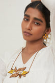 WHE Yellow Bloom Leaf Motif Repurposed Fabric and Wood Necklace