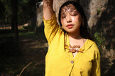 WHE Yellow Bloom Leaf Motif Repurposed Fabric and Wood Necklace