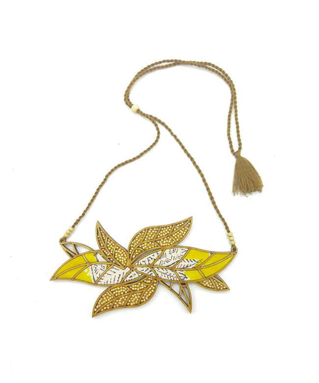 WHE Yellow Bloom Leaf Motif Repurposed Fabric and Wood Necklace