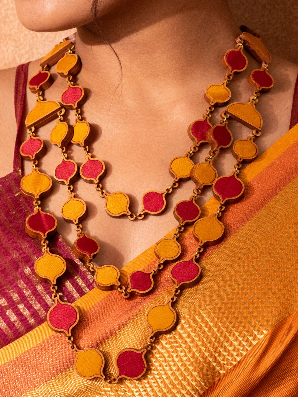 WHE Red Mustard  Festive Repurposed Fabric and Wood Elaborate Necklace