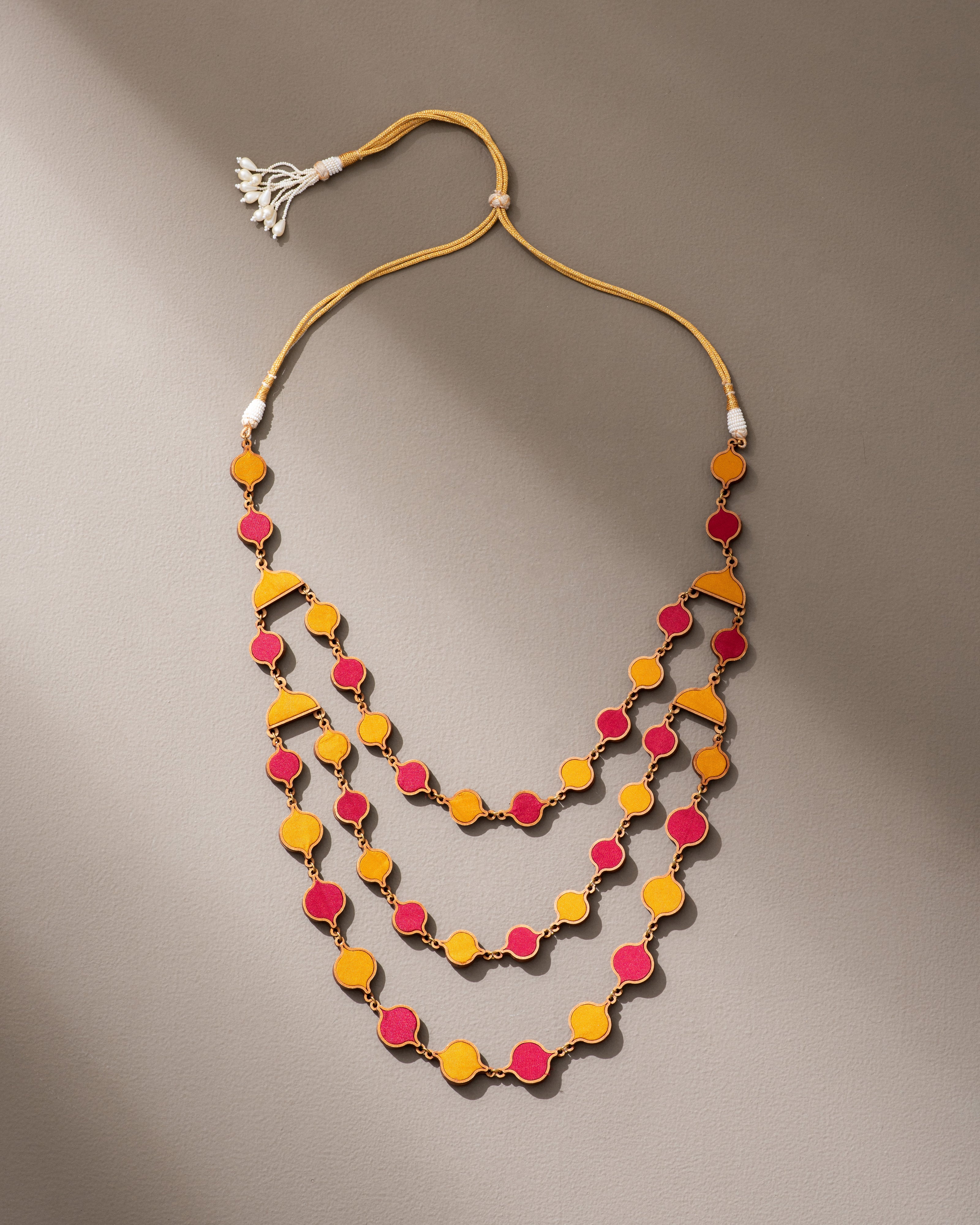 WHE Red Mustard  Festive Repurposed Fabric and Wood Elaborate Necklace