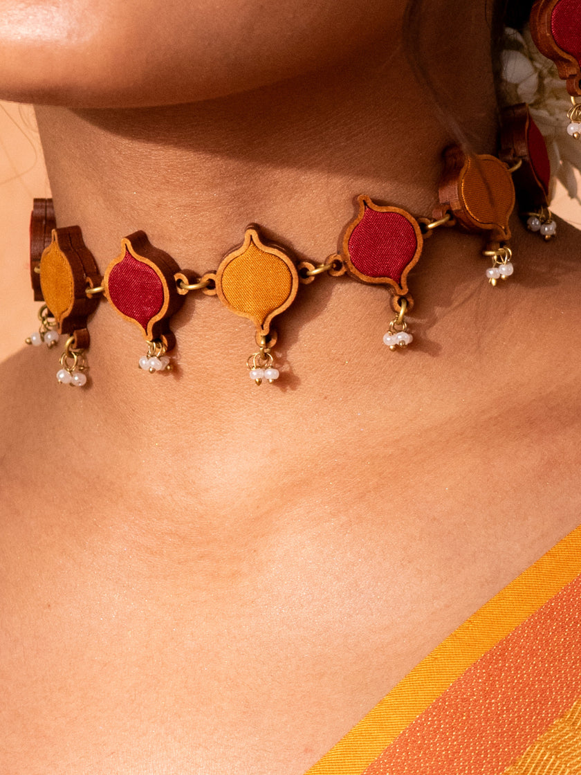 WHE Red Mustard Festive Repurposed Fabric and Wood Choker Necklace