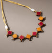 WHE Red Mustard Festive Repurposed Fabric and Wood Choker Necklace