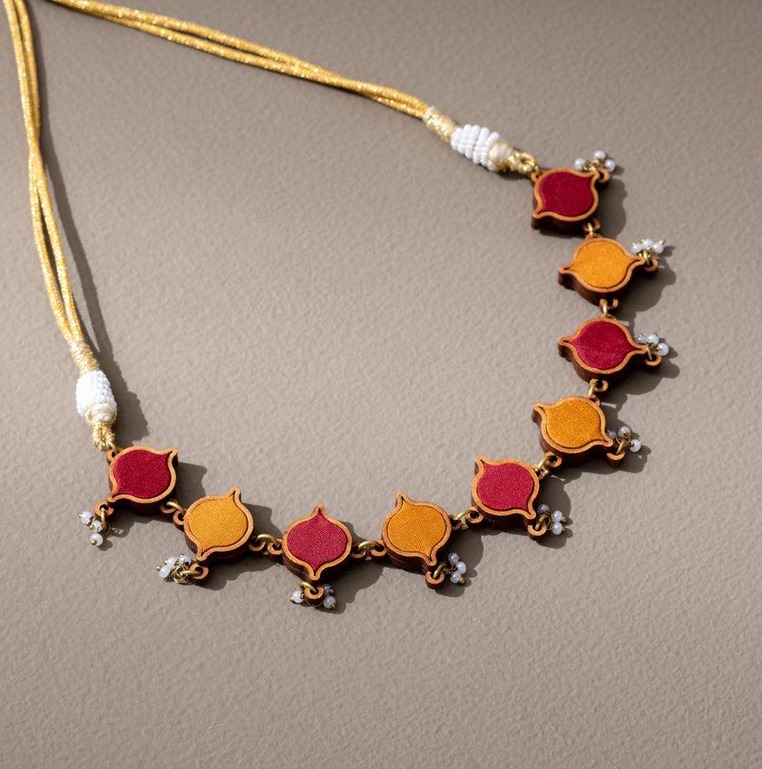 WHE Red Mustard Festive Repurposed Fabric and Wood Choker Necklace
