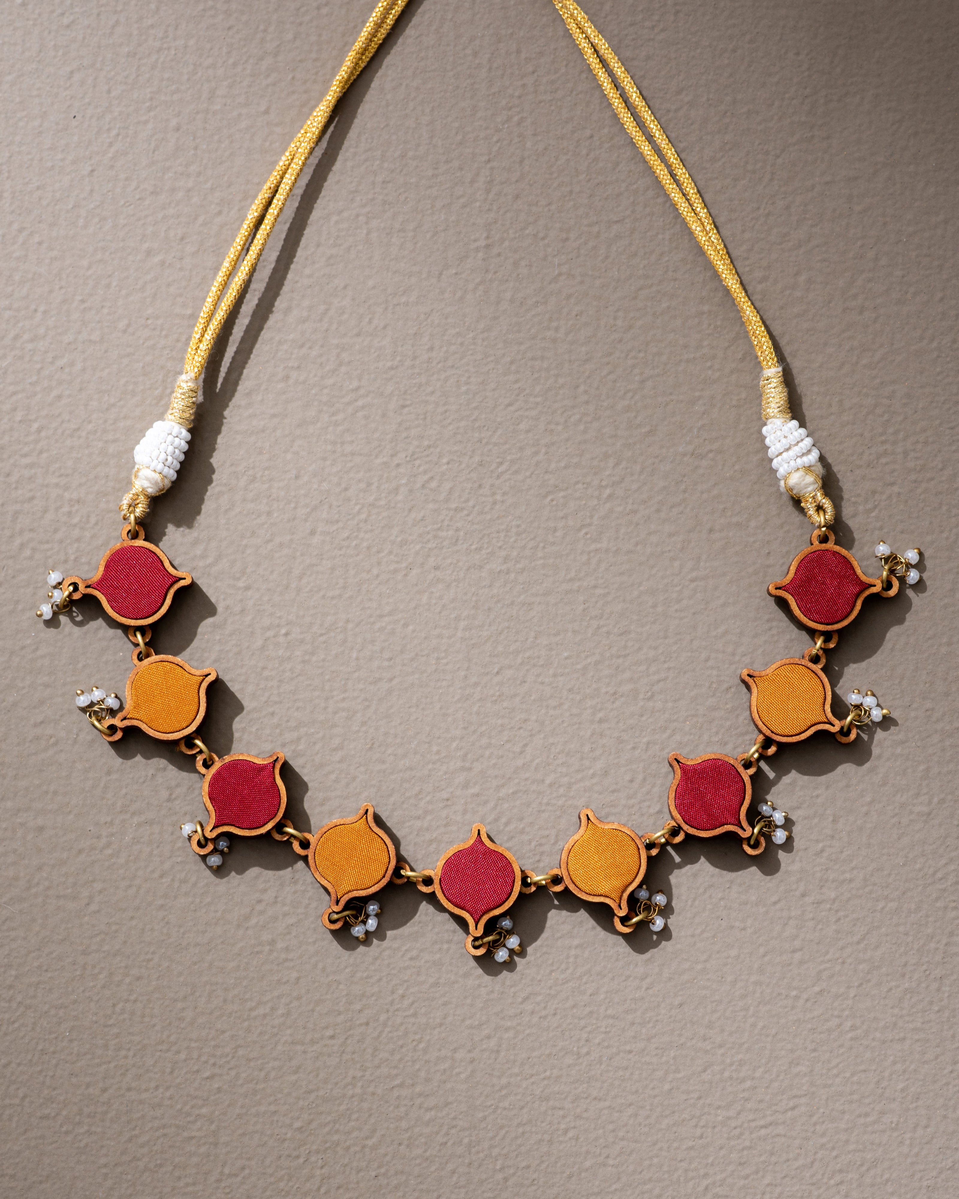 WHE Red Mustard Festive Repurposed Fabric and Wood Choker Necklace