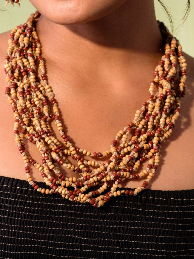 WHE Handmade Multilayer Adjustable Jute, Wooden Beads and Glass Beads Necklace