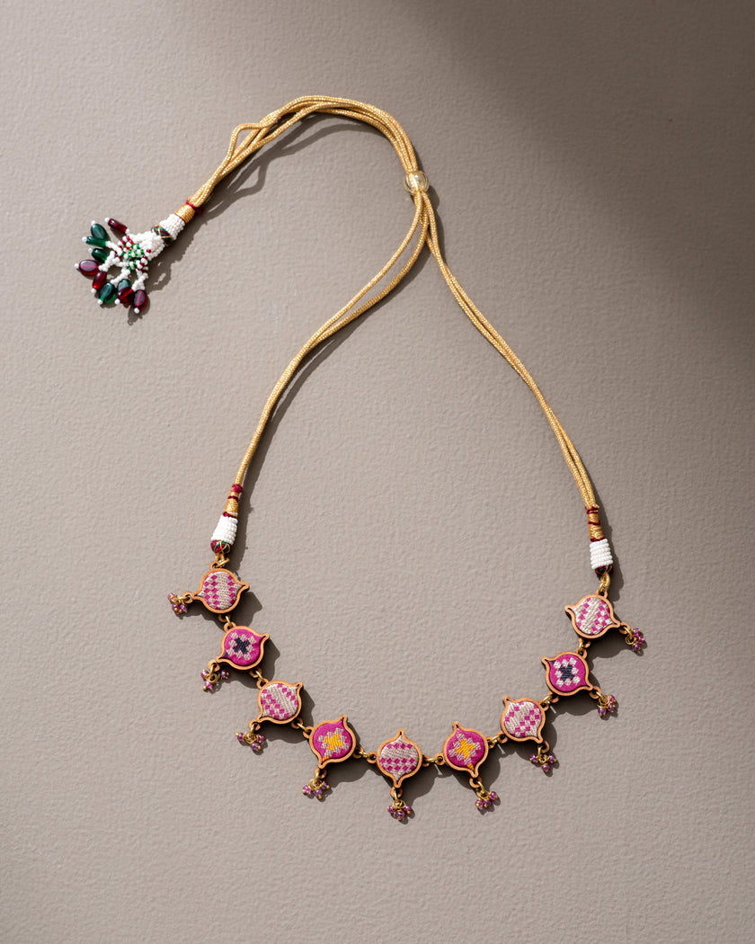 WHE Pink Festive Repurposed Fabric and Wood Choker Necklace