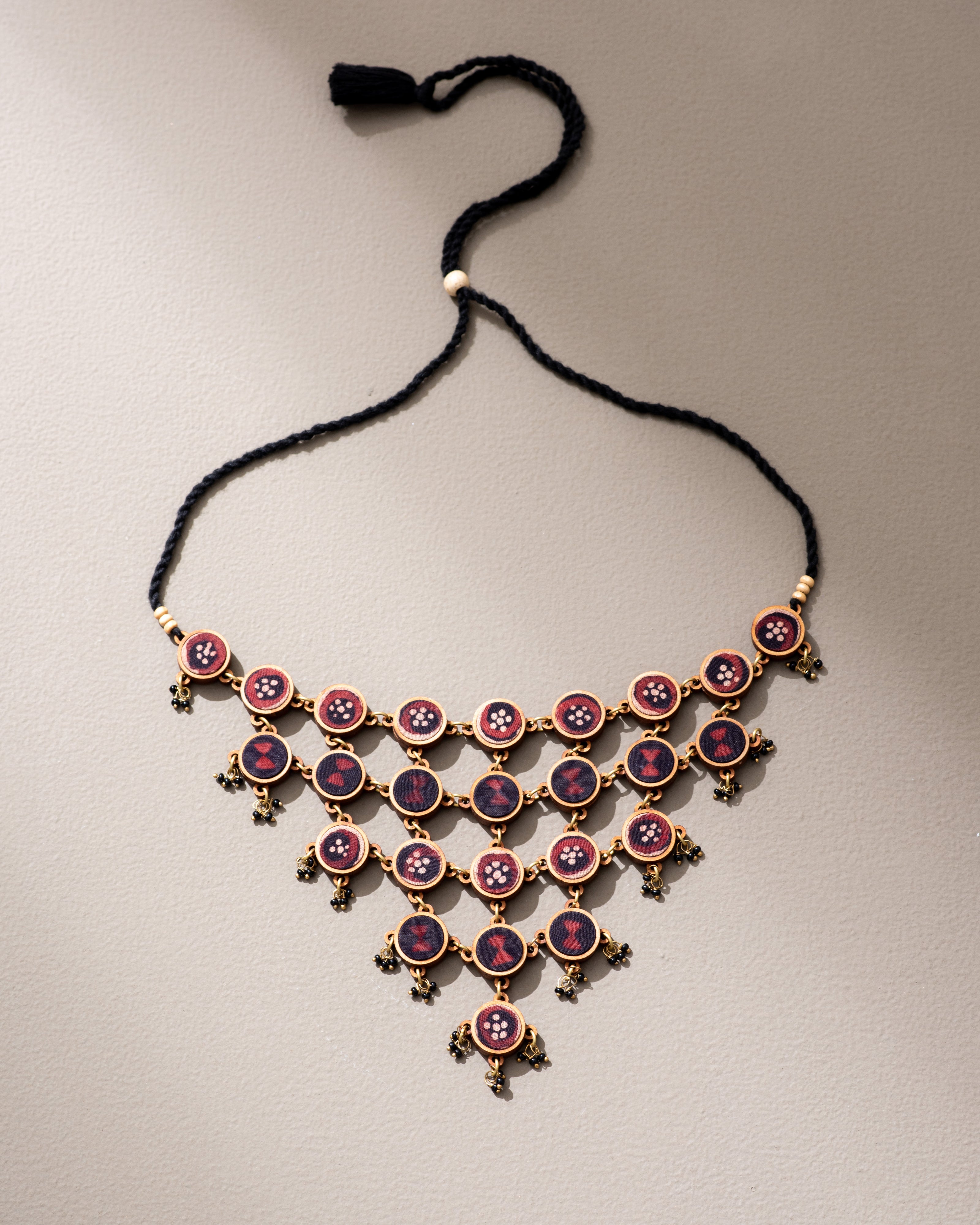 WHE Red and Black Repurposed Fabric and Wood Adjustable Statement Necklace
