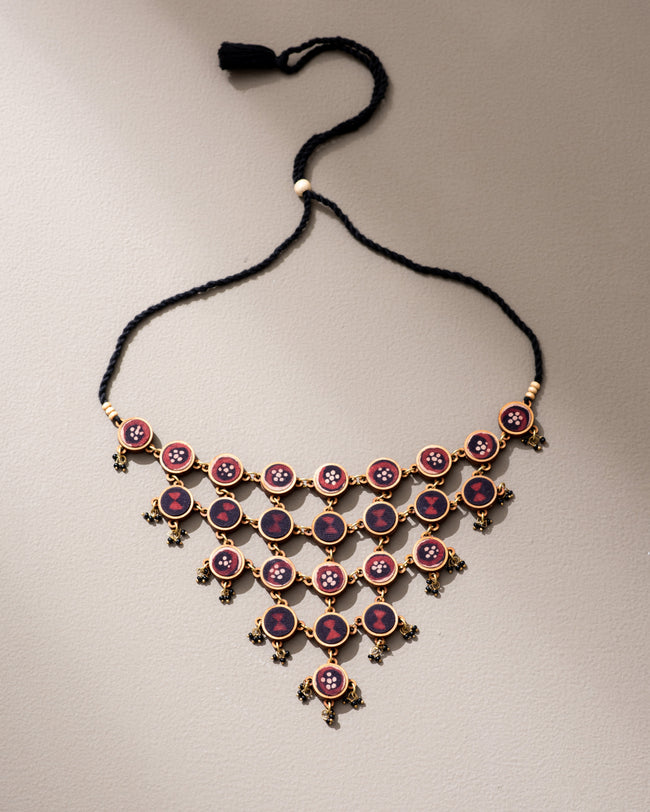 WHE Red and Black Repurposed Fabric and Wood Adjustable Statement Necklace