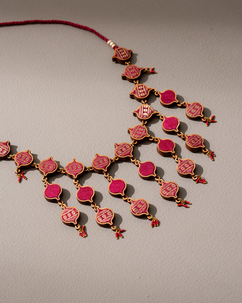 WHE Red and Gold Festive Multi Layered Repurposed Fabric and Wood Necklace