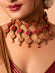 WHE Red and Gold Festive Multi Layered Repurposed Fabric and Wood Necklace