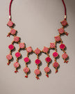 WHE Red and Gold Festive Multi Layered Repurposed Fabric and Wood Necklace