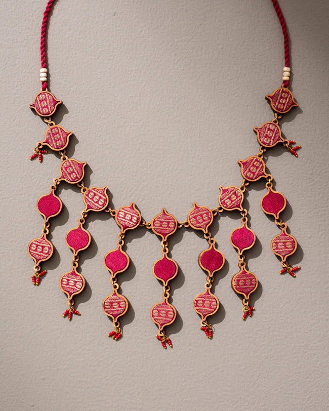 WHE Red and Gold Festive Multi Layered Repurposed Fabric and Wood Necklace