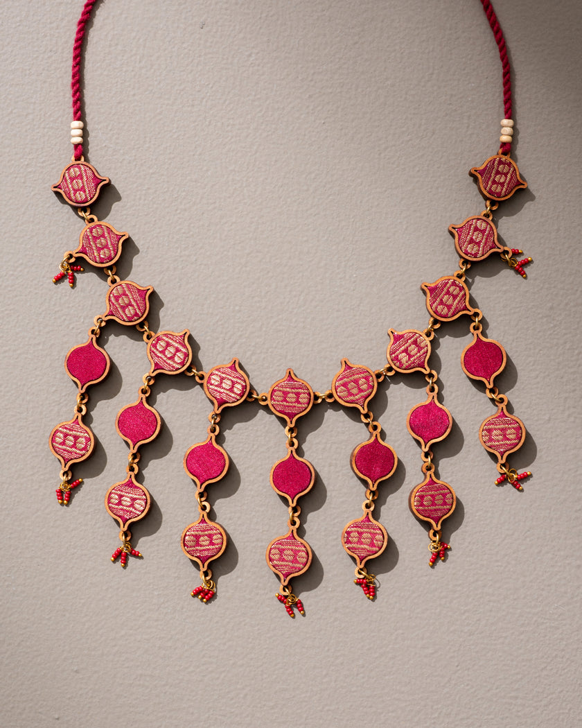 WHE Red and Gold Festive Multi Layered Repurposed Fabric and Wood Necklace