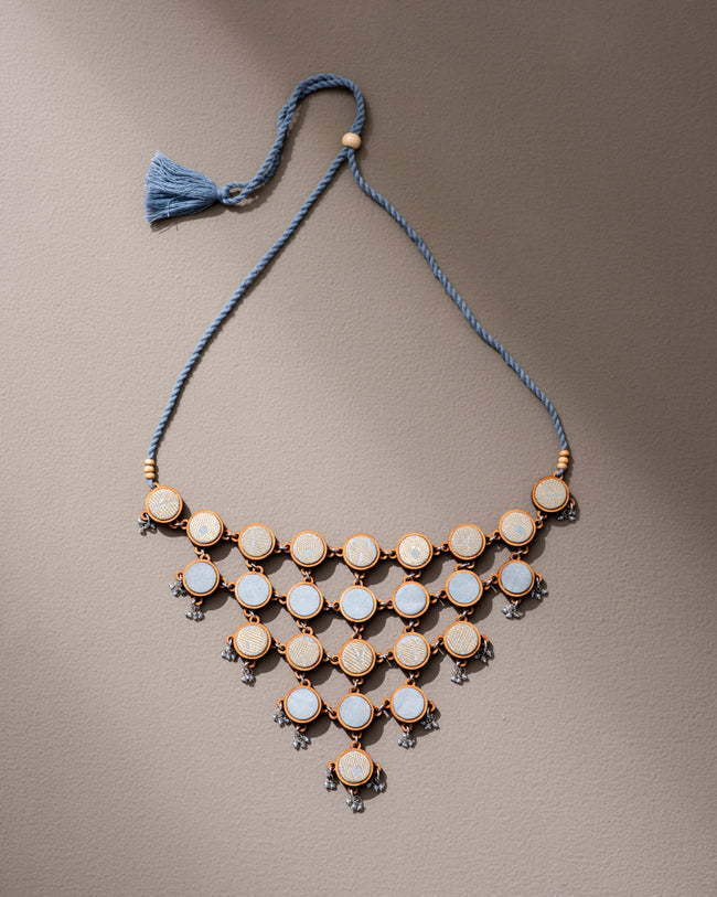 WHE Festive Grey, Gold and Silver Repurposed Fabric and Wood Adjustable Statement Necklace