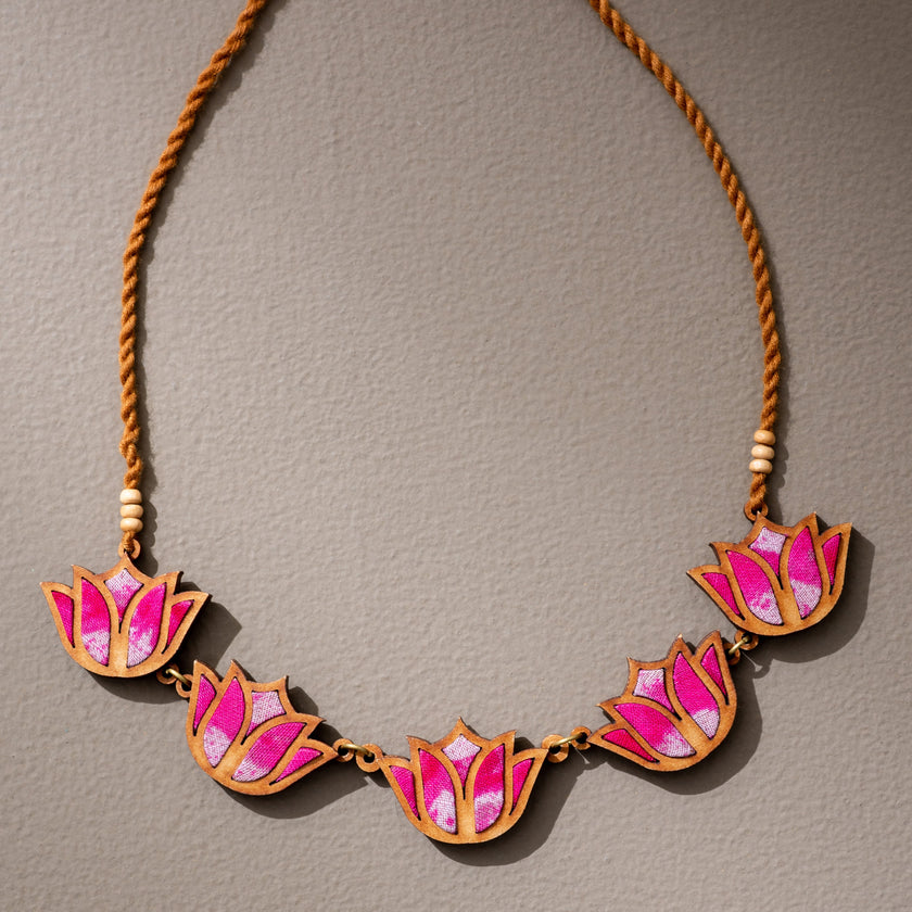 Whe Shades of Pink Bloom Lotus Repurposed Fabric and Wood Necklace